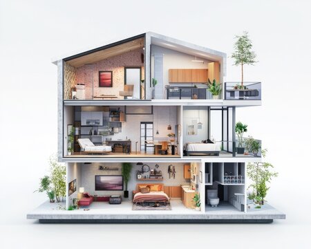 3D Architectural Cross Section of a Modern Home Showcasing Living Room, Kitchen, and Bathroom Design