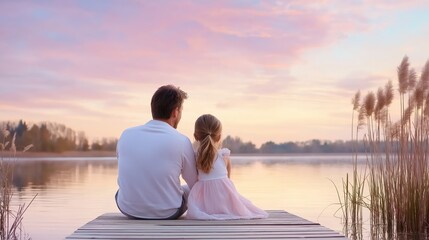 Fototapeta premium Quiet moments shared between parent and child by a tranquil lake under pastel twilight sky