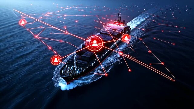 A bird's-eye view of a cargo ship in open waters, with virtual security checkpoints and trade route lines illuminating its path