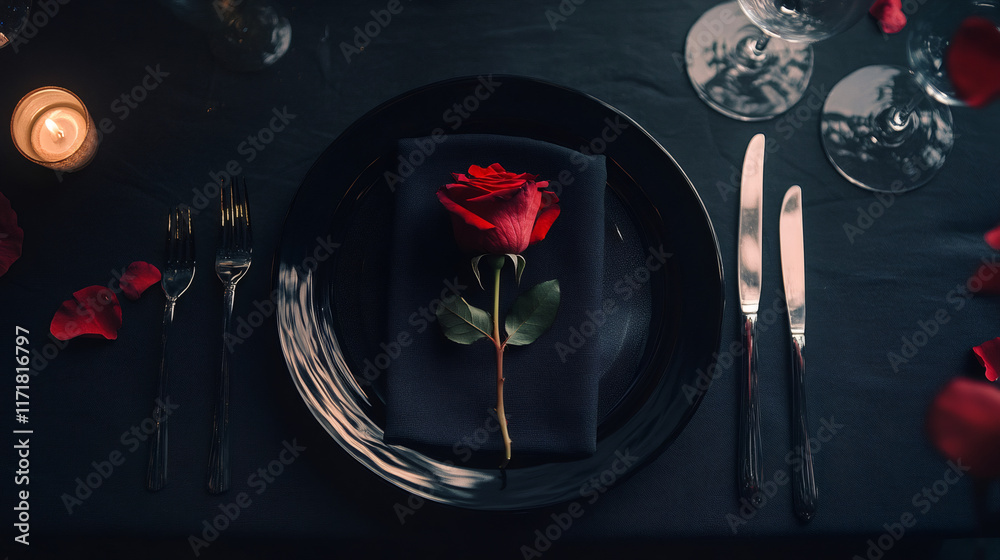 Poster romantic dinner setting with red rose centered on black plate, warm candlelight casting soft shadows