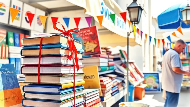 A stack of books sitting on top of a table Book Giving Day
