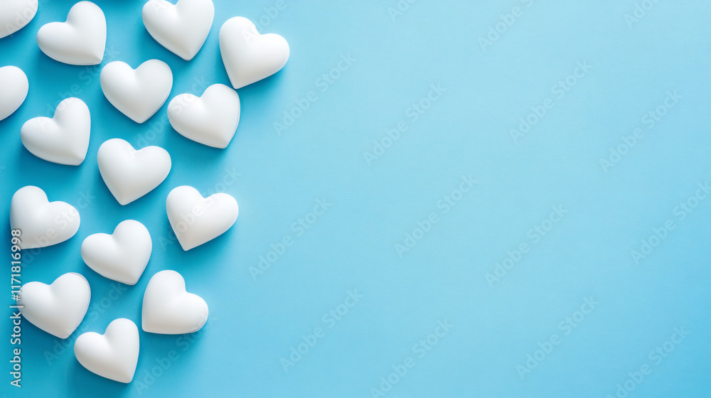 Aufkleber white hearts arranged on the left side of a light blue background, creating a romantic setting for v