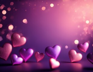 glowing pink and purple heart shapes on a gradient purple background with bokeh effects vertical design with copy space