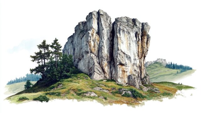 Majestic Crag Overlooking Caltun Peak on an Alpine Pasture in Carpathia, Romania
