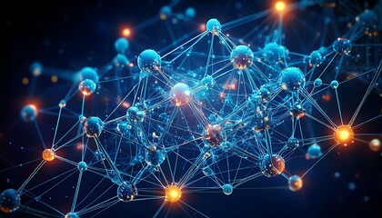 Fototapeta premium A futuristic network of glowing blue nodes interconnected in a digital space. A visualization of data and AI.