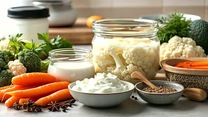A cozy table setting featuring jars of fermented vegetables like carrots and cauliflower, placed alongside bowls of yogurt and pickling spices to symbolize gut health