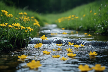Fototapeta premium Yellow Flowers Floating on a Gentle Stream