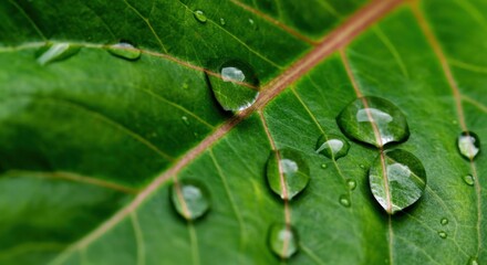 A close-up of a leaf with prominent water droplets, highlighting its intricate vein structure.