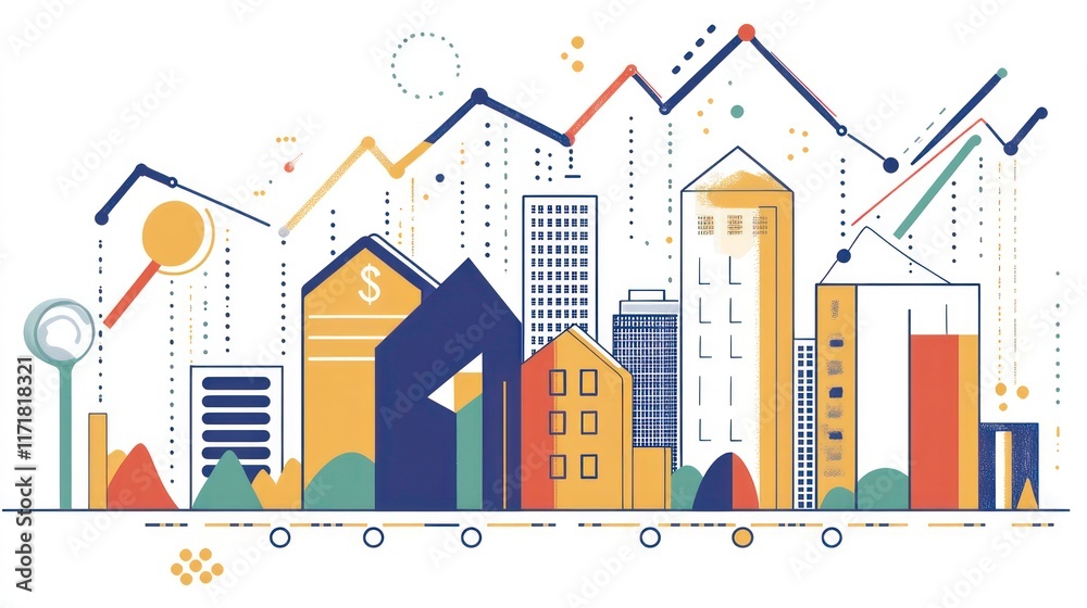 Poster cityscape with upward trending graphs illustrating growth and progress.