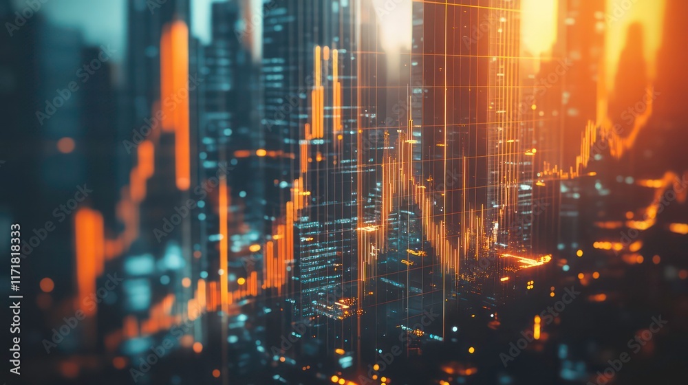 Poster abstract cityscape with glowing lines and data visualization, suggesting financial market trends or 