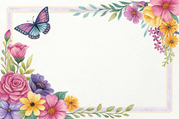 Fototapeta premium Watercolor floral frame with butterfly, blank space for text. (2)