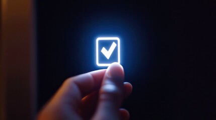 Glowing checkmark in hand, symbolizing completion, success, and achievement.