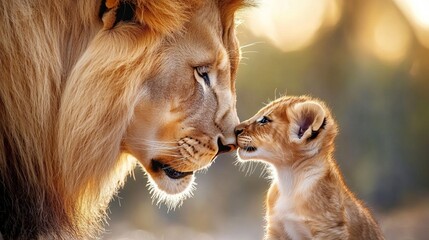 Lion gently touching noses with adorable cub in nature