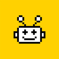 Obraz premium Cute bot pixel art icon. Chatbot 8 bit emoji. Naive childish design. Vintage retro sticker. Editable pixel vector illustration. Cute badge. Game abstract element. Y2k geometric shape for collage