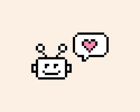 Cute bot pixel art icon. Robot. Speech bubble with heart. Love. Chatbot 8 bit emoji. Vintage retro sticker. Editable pixel vector illustration. Game abstract element. Y2k geometric shape for collage