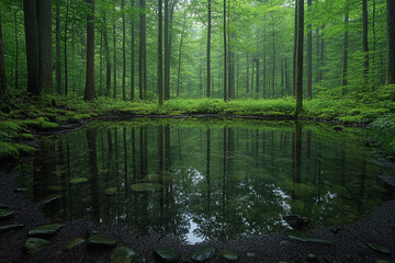 Obraz premium Serene Forest Pond Reflecting Lush Green Trees