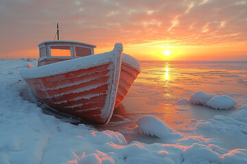 Frozen Boat at Sunset on a Snowy Shore