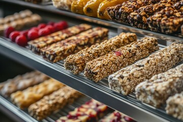 A sophisticated product display stand featuring a variety of luxury granola bars, protein snacks, and organic fruit blends, neatly arranged on sleek metal shelves.