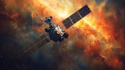 Spacecraft exploring a vibrant nebula.