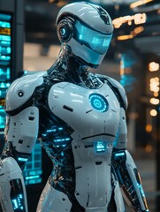Fototapeta premium Futuristic AI Control Room with Cybernetic Silhouette and Holographic Interface 7