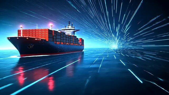A high-tech maritime scene with a cargo ship traveling through a digitally overlaid security network in open seas, symbolizing safe trade practices