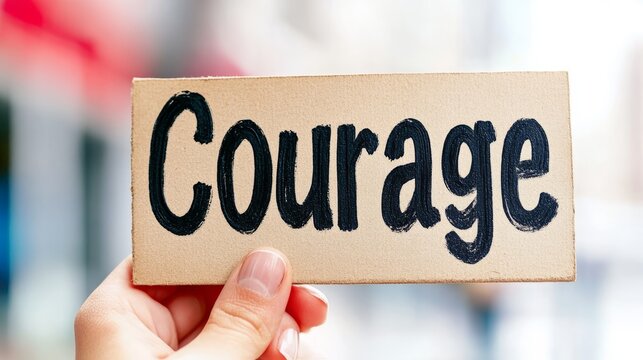 Hand holding courage sign promoting bravery and determination