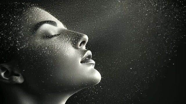 A minimalist grayscale face dissolves into a shimmering cascade of fine particles, each one vanishing into the void, symbolizing transformation and renewal