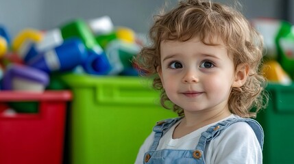 Adorable toddler with curly hair looks off to the side near colorful bins.