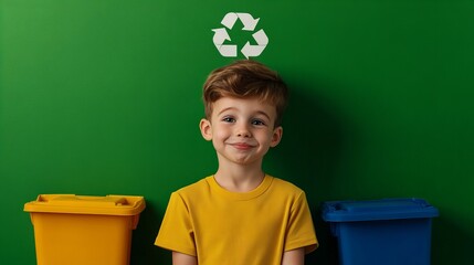 A young boy smiles while standing in front of recycling bins.  He's got recycling on the brain!