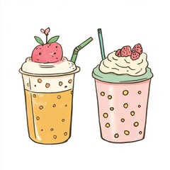 Refreshing Illustrations of Two Colorful Beverage Cups with Whipped Cream and Fruit Toppings
