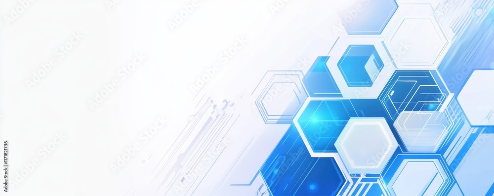 Poster blue technological background with a hexagonal shape and circuit board pattern generative ai