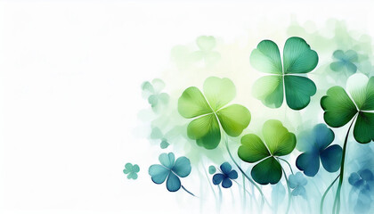 Fresh green clover leaves, 4-leaf shamlock, on white background, watercolor design. St. Patrick's Day concept, for good luck.
