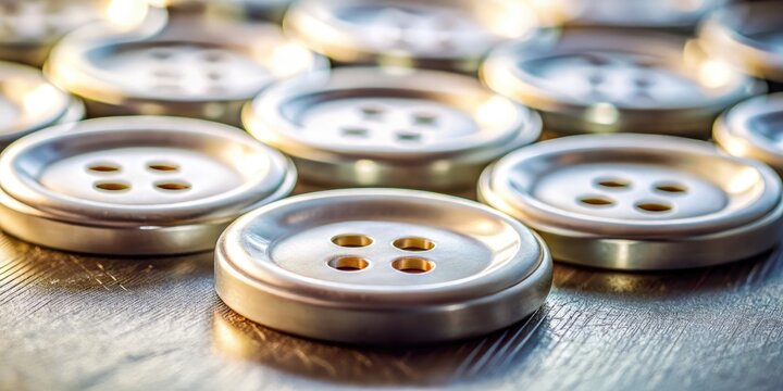 Close-up of three white metal buttons: pressed, idle, unpressed.  Food photography detail.