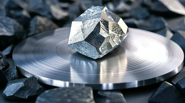 A single piece of raw lithium metal resting on a circular metallic rock arrangement, symbolizing its purity and value in the industrial world