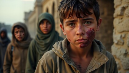 Fototapeta premium Group of children walk. Refugees. War affects. Sad, distressed. Show wounds. Likely fleeing conflict zone. Walking to safety. Children show fear, poverty. On foot. Humanitarian crisis visible. Look