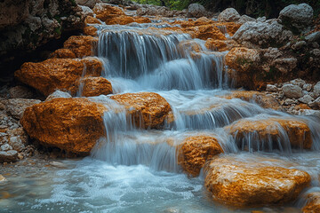 Fototapeta premium Cascading Water Flows Over Smooth Orange Rocks