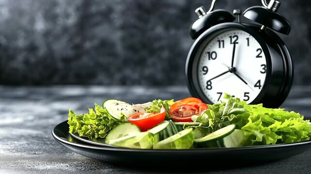 A sophisticated dining setup featuring a glass plate with vibrant veggies and protein, next to a retro alarm clock showing the start of a fasting window