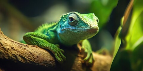 Fototapeta premium Vibrant Green Lizard in Natural Habitat: Isolated Portrait of a Stunning Reptile