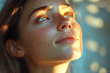 Young Woman With Freckled Skin and Blue Eyes Gazing Upwards at Sunlight, Showcasing Natural Beauty and Serene Expression in a Warm Environment