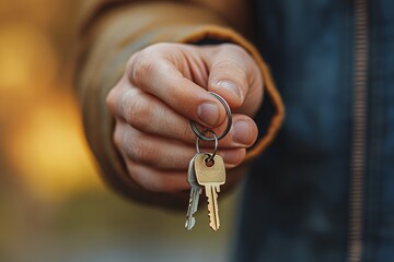 Holding a Set of Keys in Hand Against a Blurred Outdoor Background During Golden Hour