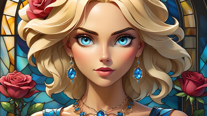 Valentine's Day Portrait:  Blonde woman with hearts, roses, and stained glass style