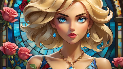 Valentine's Day Portrait:  Blonde woman with hearts, roses, and stained glass style