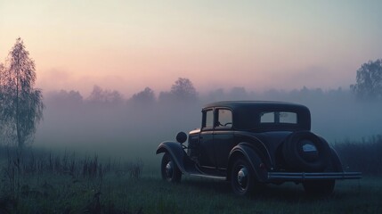 Fototapeta premium Classic car in misty sunrise field.