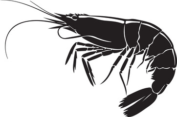 A clean silhouette vector of a shrimp in a graceful side view with highlighting its elongated body and curved tail, lobster isolated
