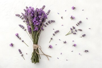 bouquet of violet lilac purple lavender flowers arranged on white table background. Top view, flat...