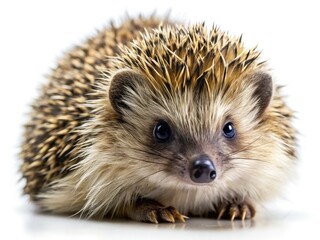 Fototapeta premium Close-up studio portrait of a cute, isolated hedgehog against a white background.