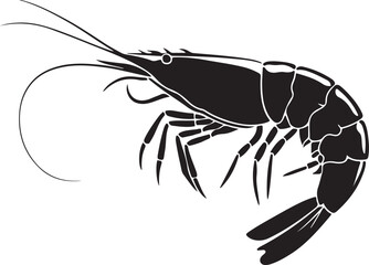 A clean silhouette vector of a shrimp in a graceful side view with highlighting its elongated body and curved tail, illustration of a lobster