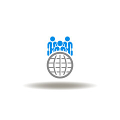 Vector illustration of earth globe and team business person. Symbol of outstaffing. Icon of corporate leader meeting.
