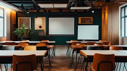 Spacious conference room with an empty stage, projection board, and whiteboards ready for creative use.