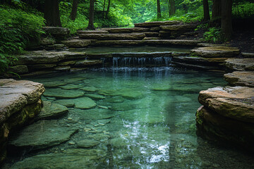 Serene Forest Pool Cascading Water Over Stone Steps